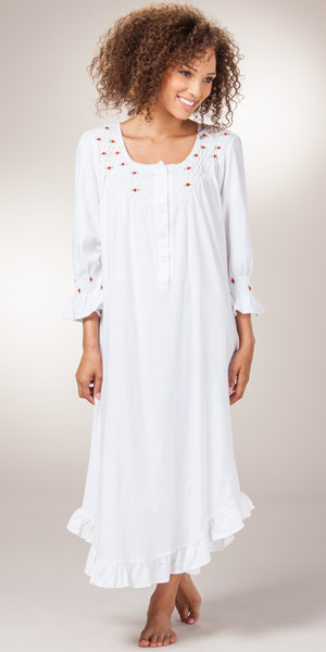 Plus Cotton Nightgown - La Cera Smocked Knit Long Gown - Red Rosettes