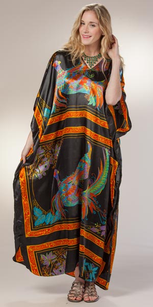 Black Satin Kaftans - One Size Long Caftan by Winlar in Black Peacock