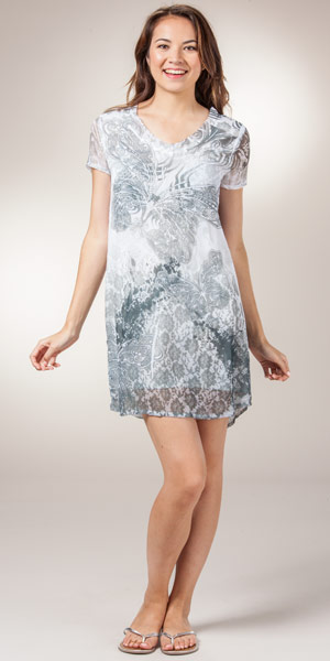 Short Dress / Tunic / Coverup - Cap Sleeve Chiffon Sublimation - Butterfly Grove