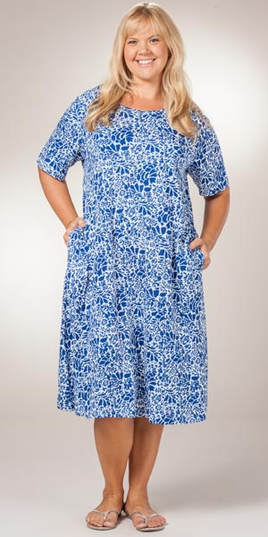 SC SALE  - Plus La Cera (Size 2X) &quot;Easy Fit&quot; Knit A-Line Dress - Blue Floral on White