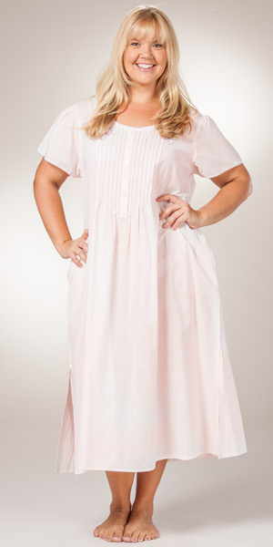 Plus (1X) La Cera Nightgowns - Cotton Short Sleeve Lace-Trim Gown in Pink