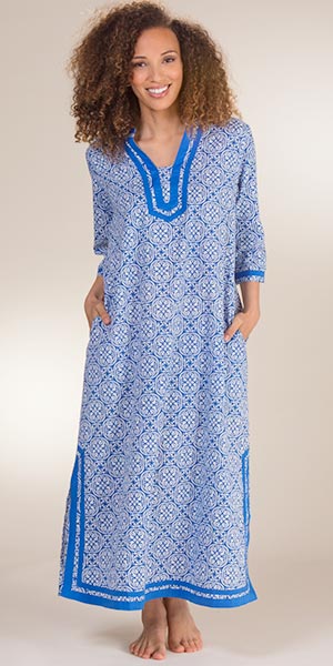 Woven Cotton Caftan - 2/3 Sleeve La Cera Lounger - Mandolin Blue