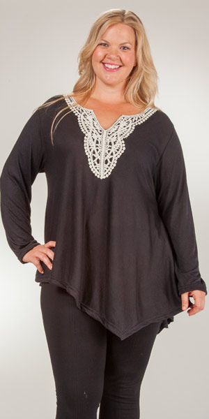Plus (1X) Tunic Tops - Long Sleeve Crocheted Neckline Women&#39;s Top - Raven