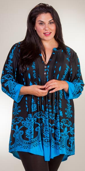 Plus La Cera Pleated 3/4 Sleeve Poly Blend Tunic - Ethereal Turquoise