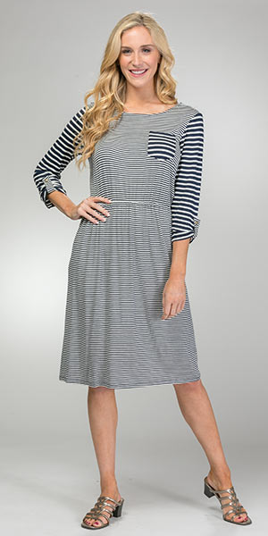 SC SALE  (Size M &amp; XL) Jersey Knit  3/4 Sleeve Rayon Blend Dress - Navy Stripe