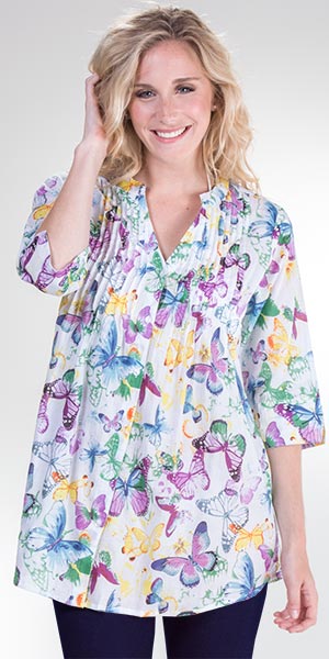 La Cera (Size Smal) 3/4 Sleeve Cotton Pleated Tunic Top in Twilight Butterfly