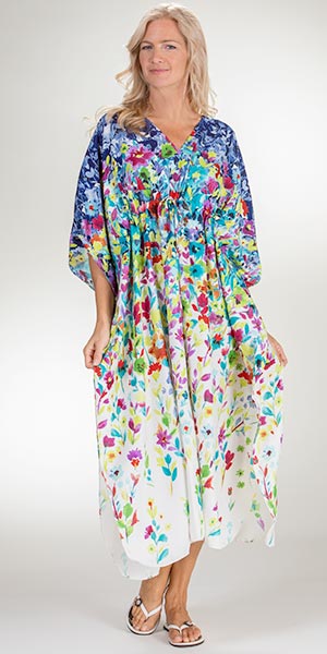 Drawstring Caftans - Winlar Polyester Kaftan Long Lounger in Floral Meredith