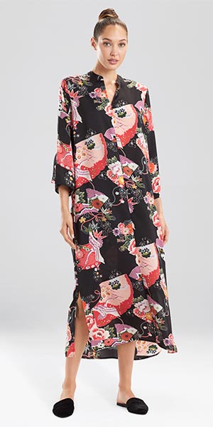 &quot;N&quot; by Natori (Size S) V-Neck Zip Front Satin Long Caftan - Crane Floret
