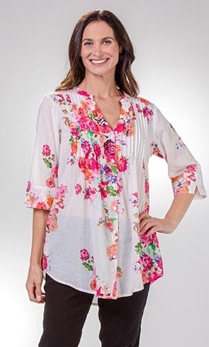 SC SALE La Cera Tunics - (Small) 3/4 Sleeve 100% Cotton Pleated Top in May Day