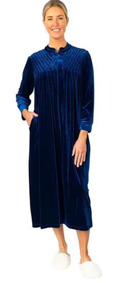 Smocked Cozy Velour Zipper Long Caftan Robe by La Cera in Royal and Wine