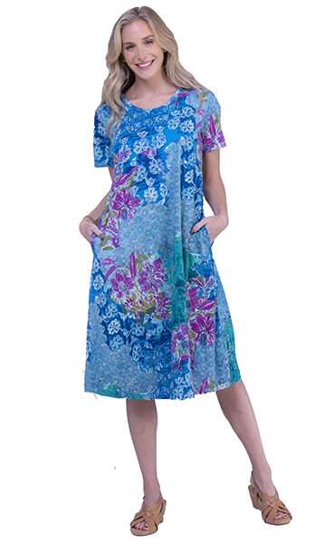 La Cera Plus Dresses - Cotton Knit A-Line Blue Dress in Seaside Garden